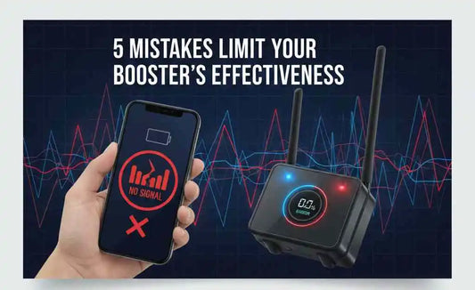 A hand holding a smartphone showing "No Signal" next to a white signal booster.