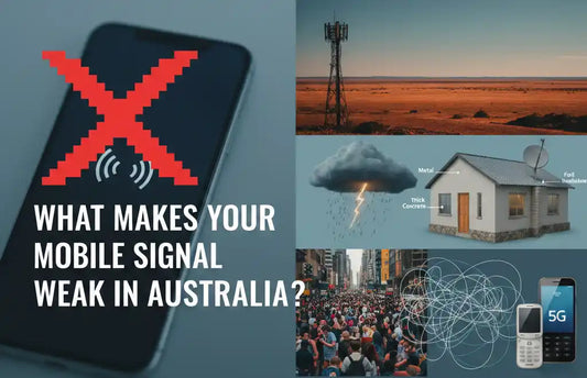 Collage showing the causes of bad mobile reception in Australia.
