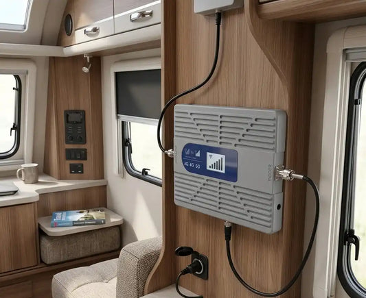 A signal booster installed to enhance the mobile reception in the caravan