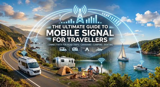 Scenic composite travel illustration showing mobile signal connectivity across road, camping, and boating environments