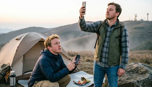 Two men struggling with weak mobile signal while camping in the bush
