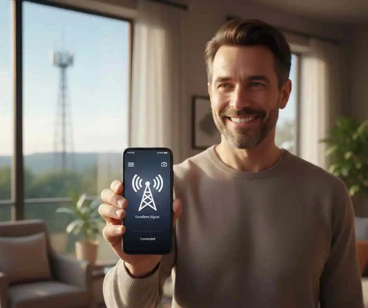 A man holding his cell phone which is showing he has a good cellular connection