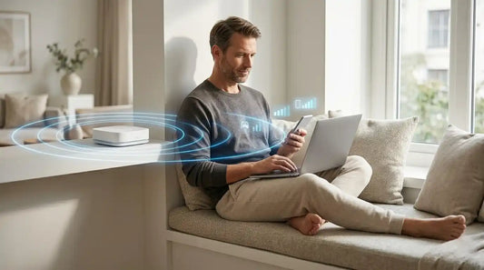 Man uses his devices happily after fixing poor home signal issues.
