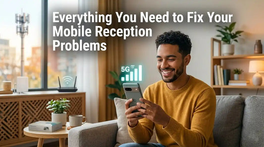 A man holding a phone, checking mobile signal strength.