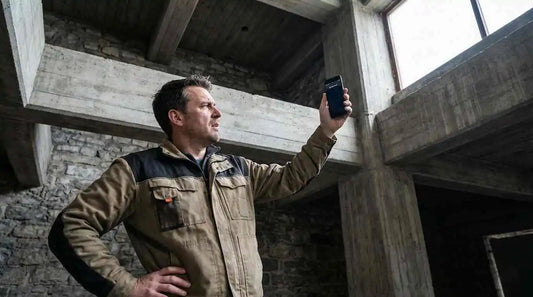 A man holds his phone up to find a signal inside a heavy concrete and stone building, highlighting how signal blocking materials can mess with the reception