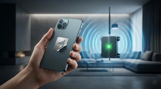 Smartphone with a peeling signal sticker next to a glowing active mobile signal booster emitting waves indoors.
