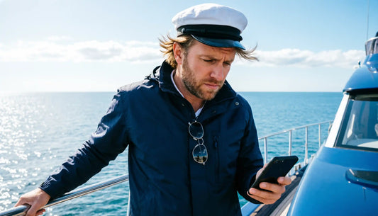 Captain on a boat looking at a mobile phone with no signal while at sea.