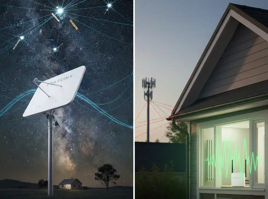 A split-screen showing a Starlink dish outdoors and a mobile signal booster indoors.