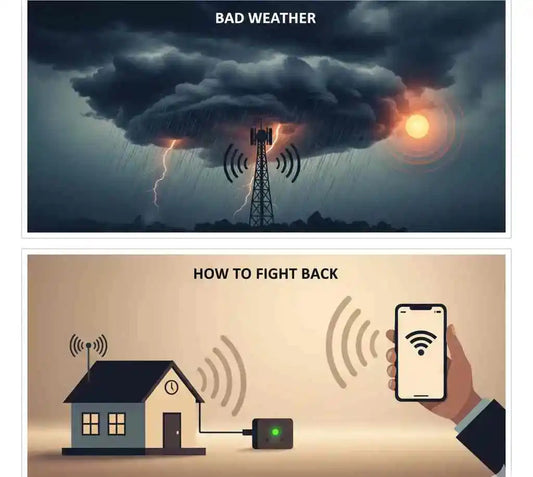 Illustration showing how rain, storms, heat, and humidity weaken mobile signal and ways to beat it.