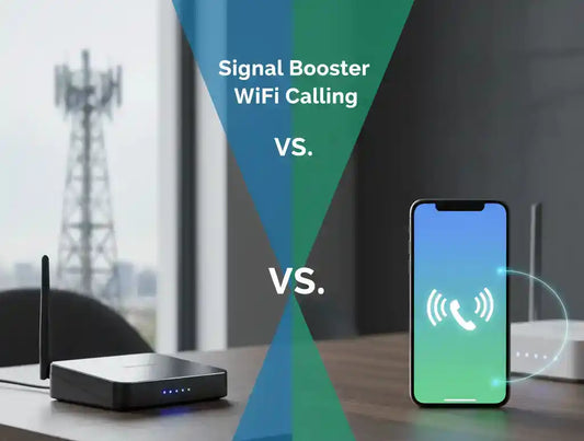 Split-screen showing a signal booster on one side and Wi-Fi calling on the other.