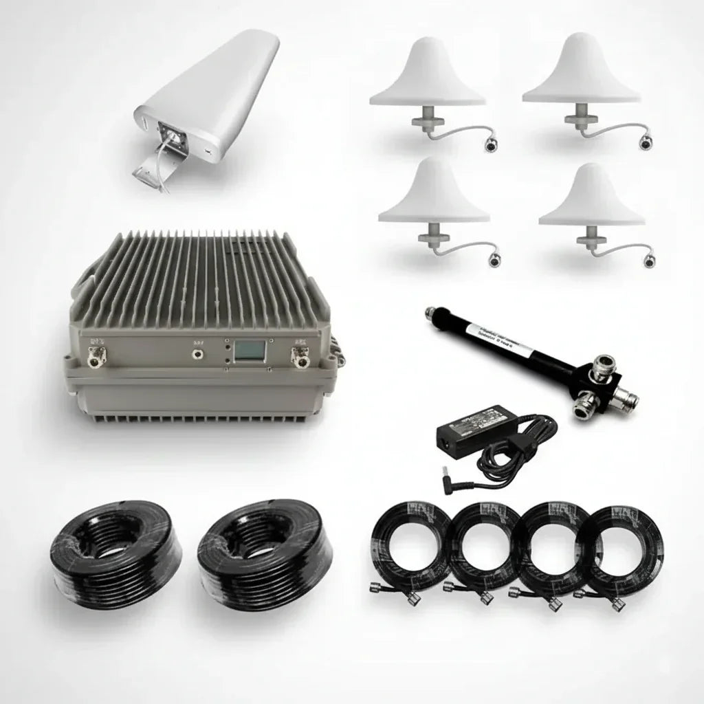 Cellular repeater kit for offices with antennas and cables, multi-carrier 4G/5G support across Australia.