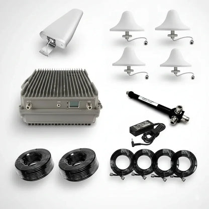 Cellular repeater kit for offices with antennas and cables, multi-carrier 4G/5G support across Australia.