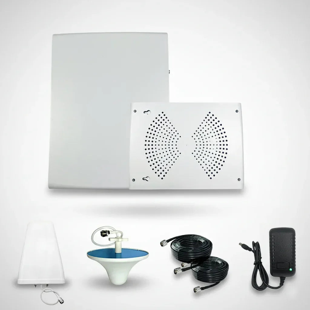 Omni Single-Floor Signal Booster kit showing booster unit, indoor antenna, outdoor antenna, and coax cables.