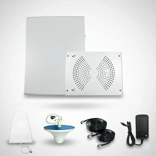 Omni Single-Floor Signal Booster kit showing booster unit, indoor antenna, outdoor antenna, and coax cables.