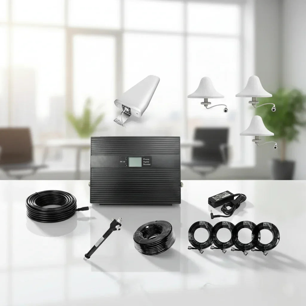 Office signal booster kit with antennas and cables, multi-carrier 4G and 5G support across Australia.