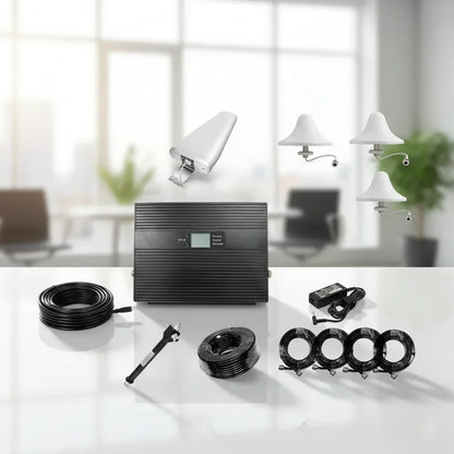 Office signal booster kit with antennas and cables, multi-carrier 4G and 5G support across Australia.
