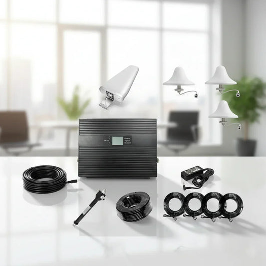 Office signal booster kit with antennas and cables, multi-carrier 4G and 5G support across Australia.