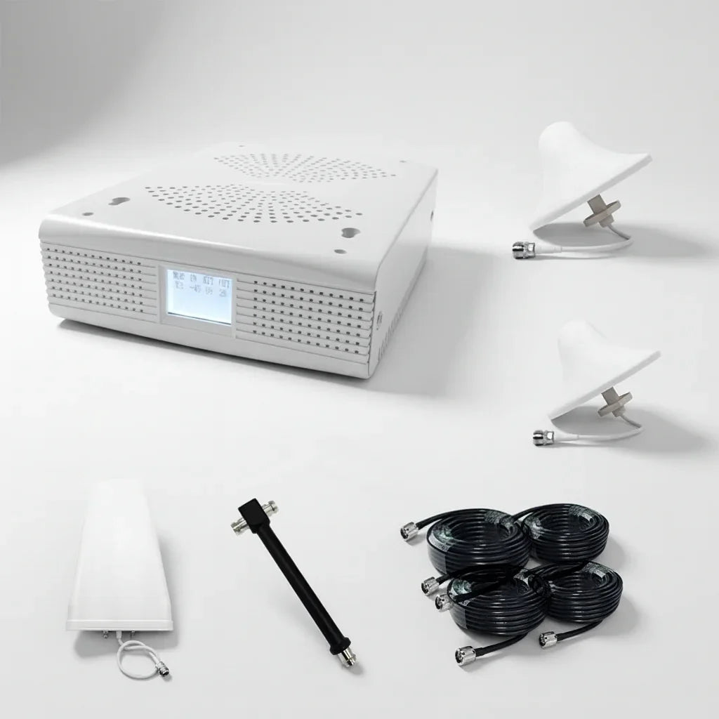 Two-floor signal booster kit with indoor antennas, outdoor antenna, and cables, multi-carrier 4G/5G in Australia.