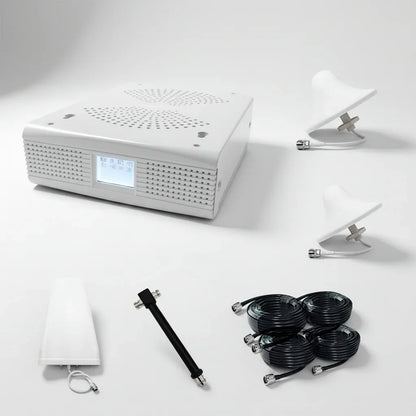 Two-floor signal booster kit with indoor antennas, outdoor antenna, and cables, multi-carrier 4G/5G in Australia.