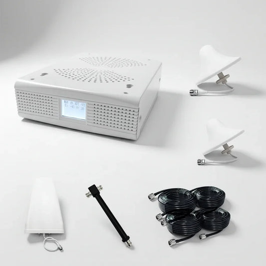 Two-floor signal booster kit with indoor antennas, outdoor antenna, and cables, multi-carrier 4G/5G in Australia.